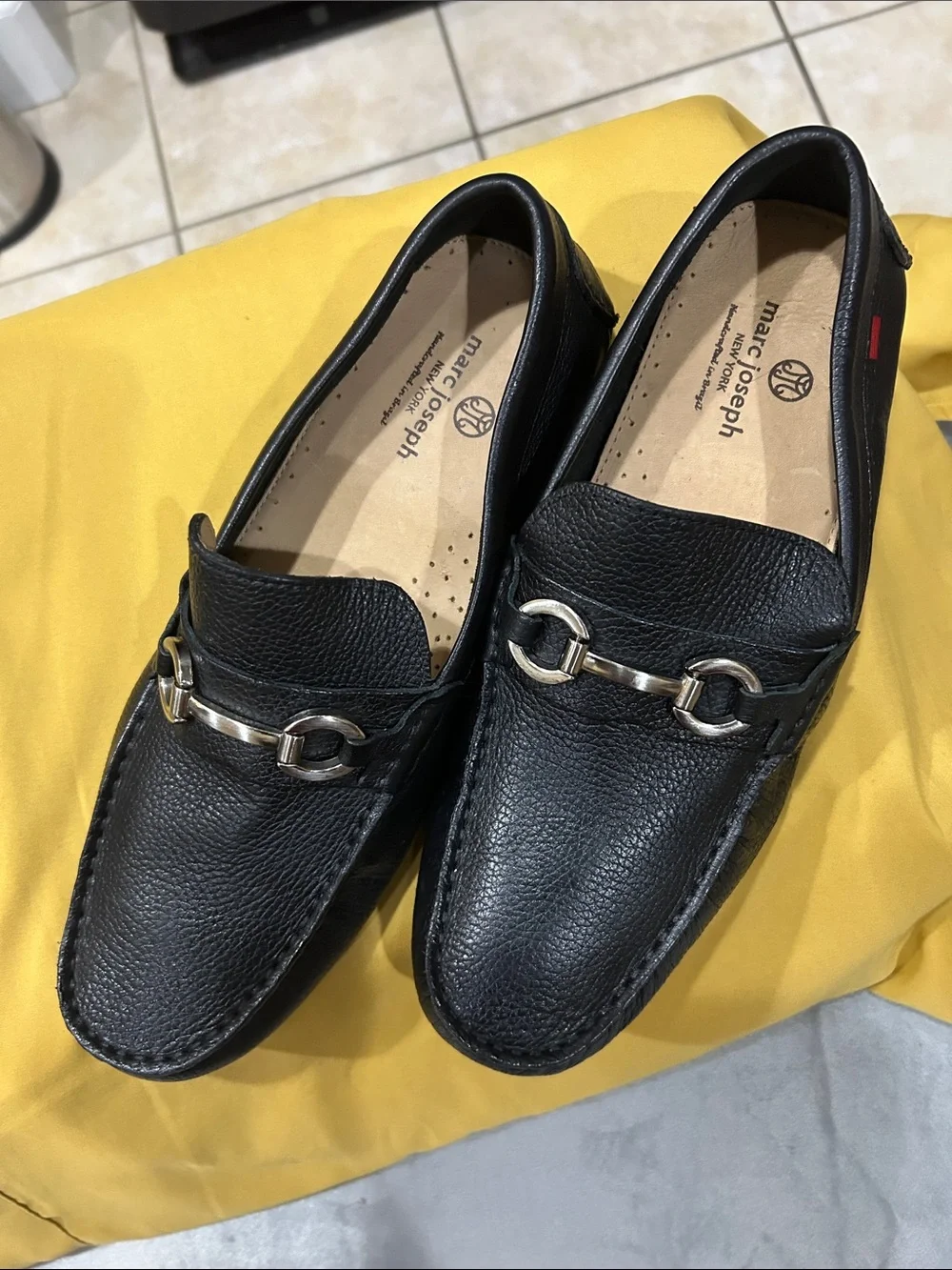 Marc Joseph Men’s Black Leather Slip-On Loafers with Silver Horsebit